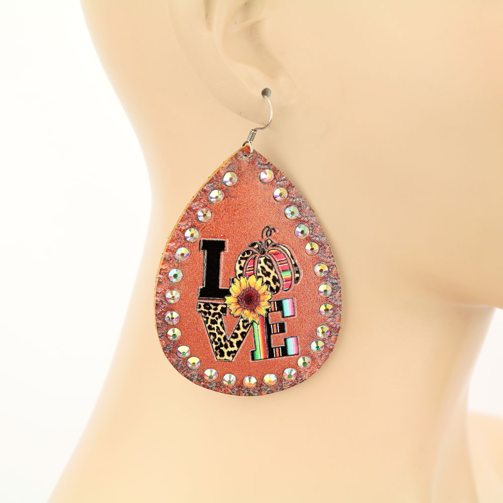 Teardrop "LOVE" Pumpkin Leather Dangle Earrings - Image 2