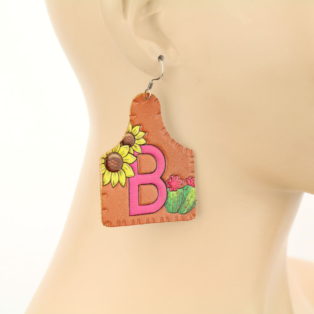 Initial Cattle Tag Leather Dangle Earrings - Image 2