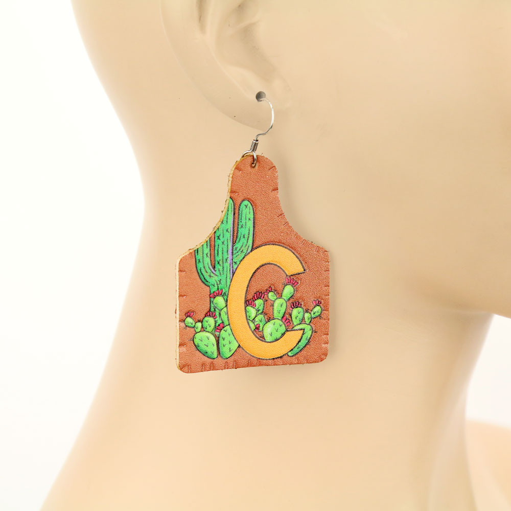 Initial Cattle Tag Leather Dangle Earrings - Image 2