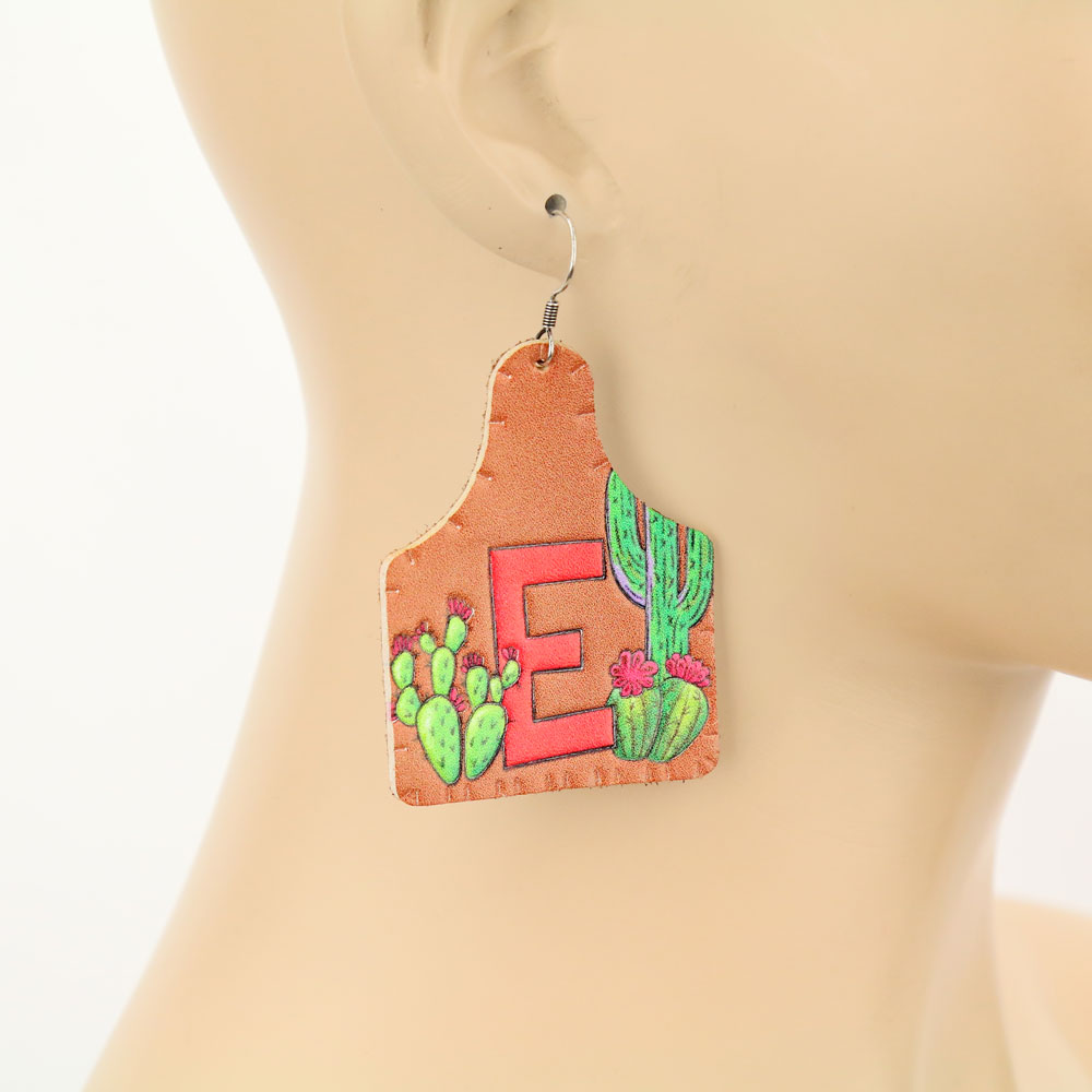 Initial Cattle Tag Leather Dangle Earrings - Image 2