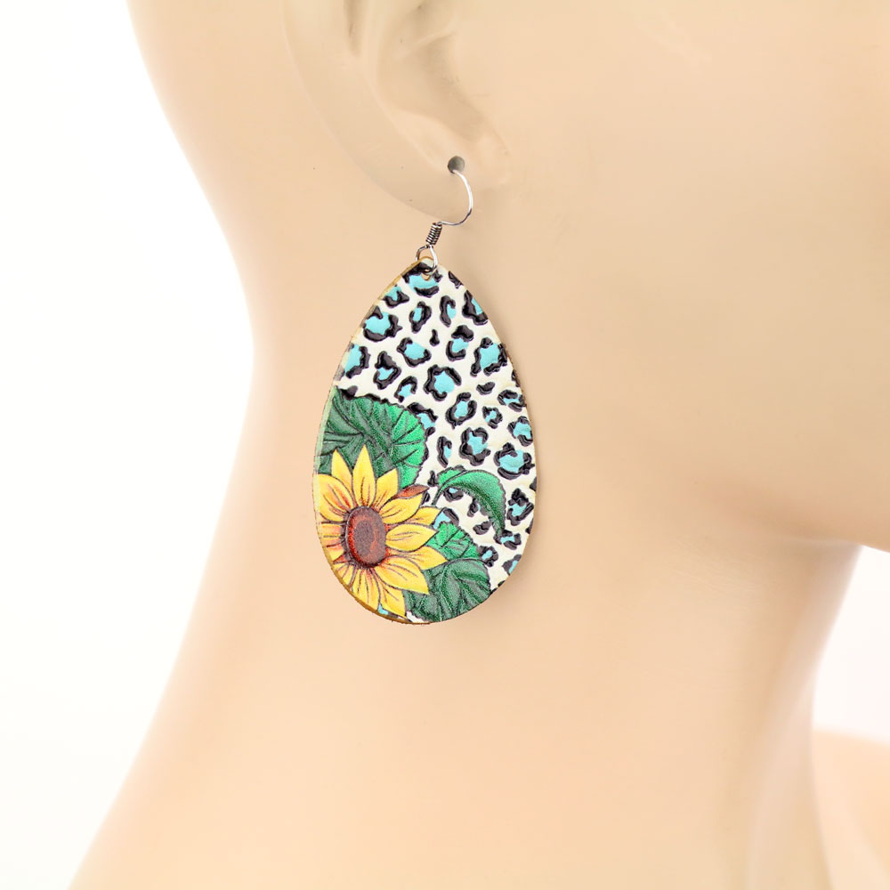 Leopard Sunflower Teardrop Leather Dangle Earrings - Image 2