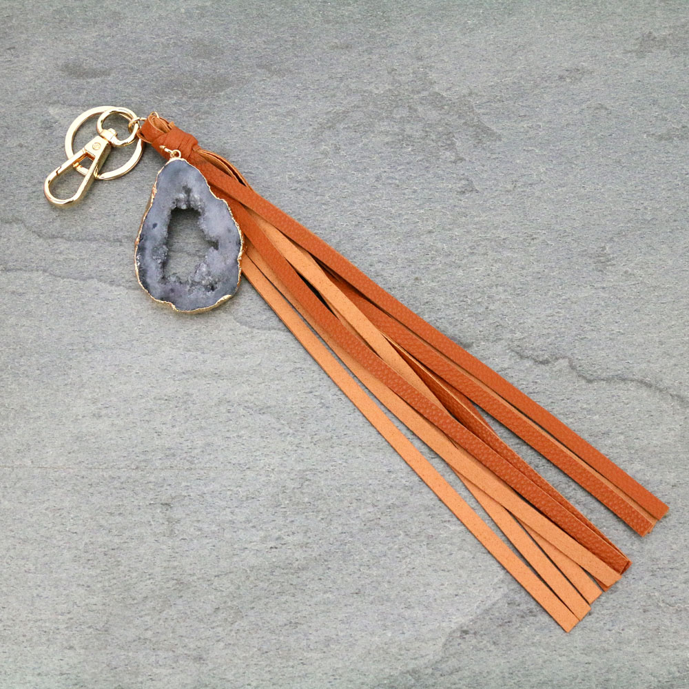 Druzy Stone with Leather Tassel Key Ring