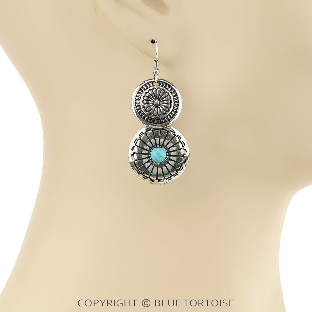 Western Round Concho Overlapped Dangle Earrings - Image 2