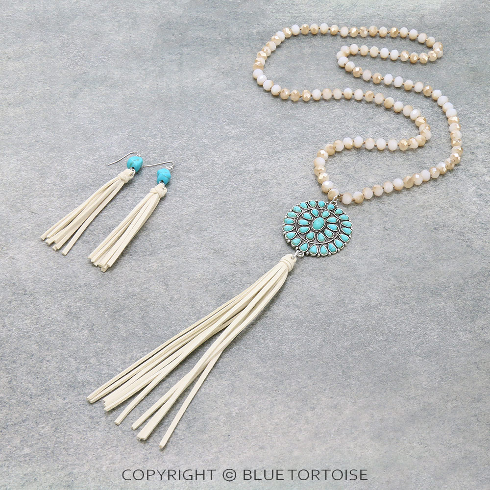 Western Concho Pendant with Leather Tassel Necklace Set