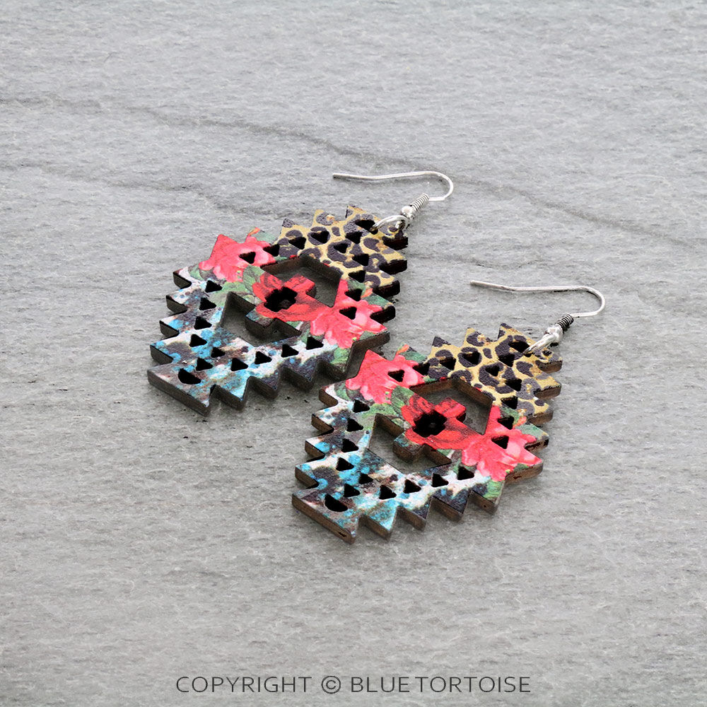 Wood Aztec Cutout Dangle Earrings