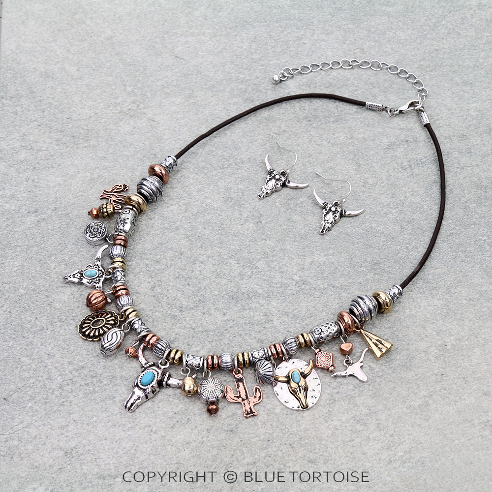 Western Steer Skull Multi Charm Necklace Set