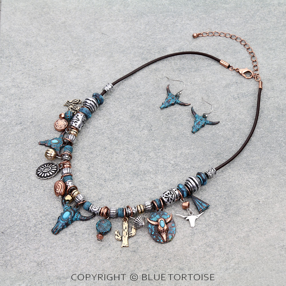 Western Steer Skull Multi Charm Necklace Set