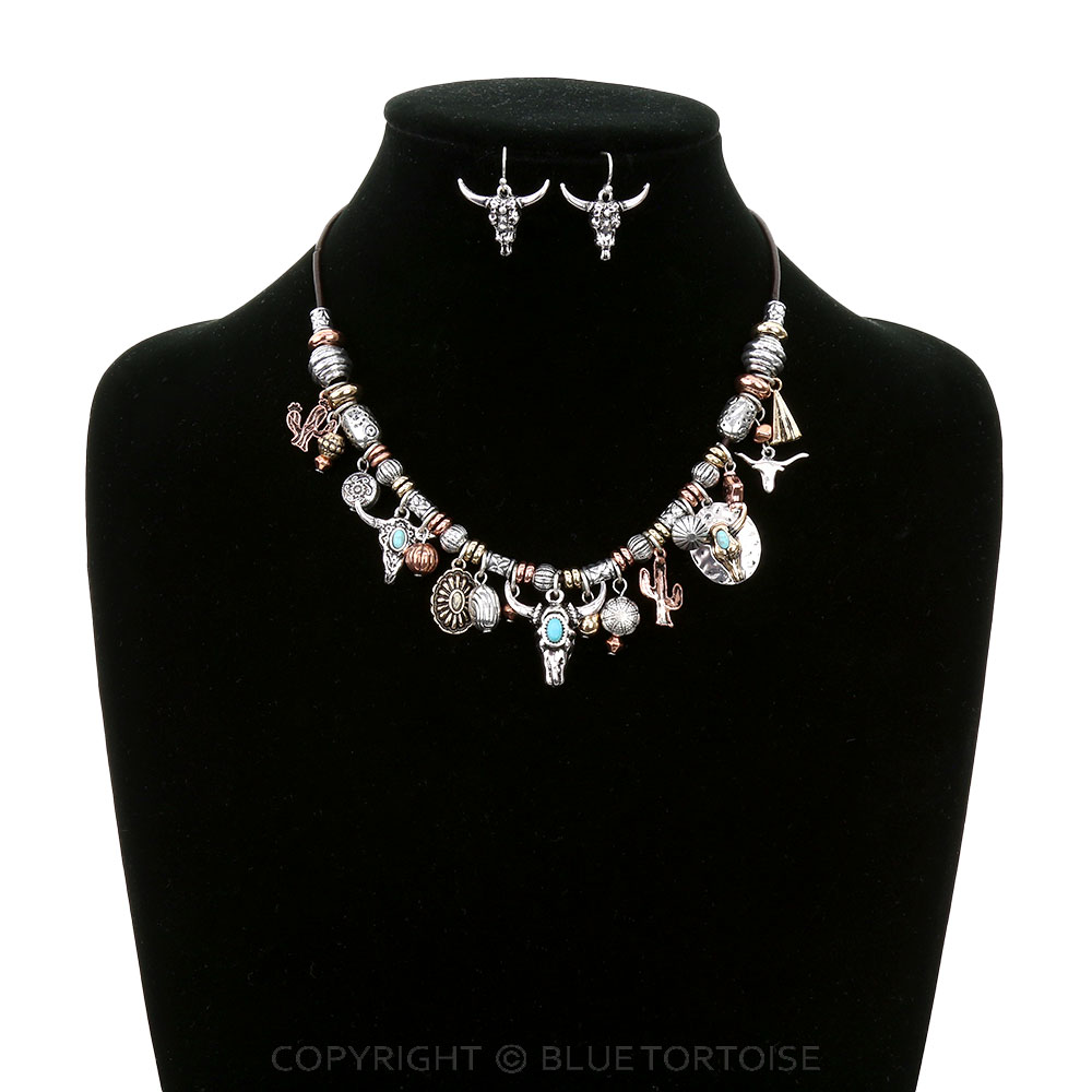 Western Steer Skull Multi Charm Necklace Set - Image 2