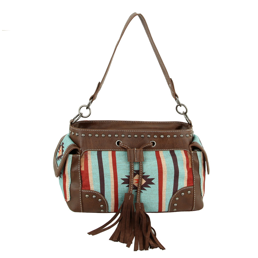 Aztec Printed Handbag with Faux Leather Tassel
