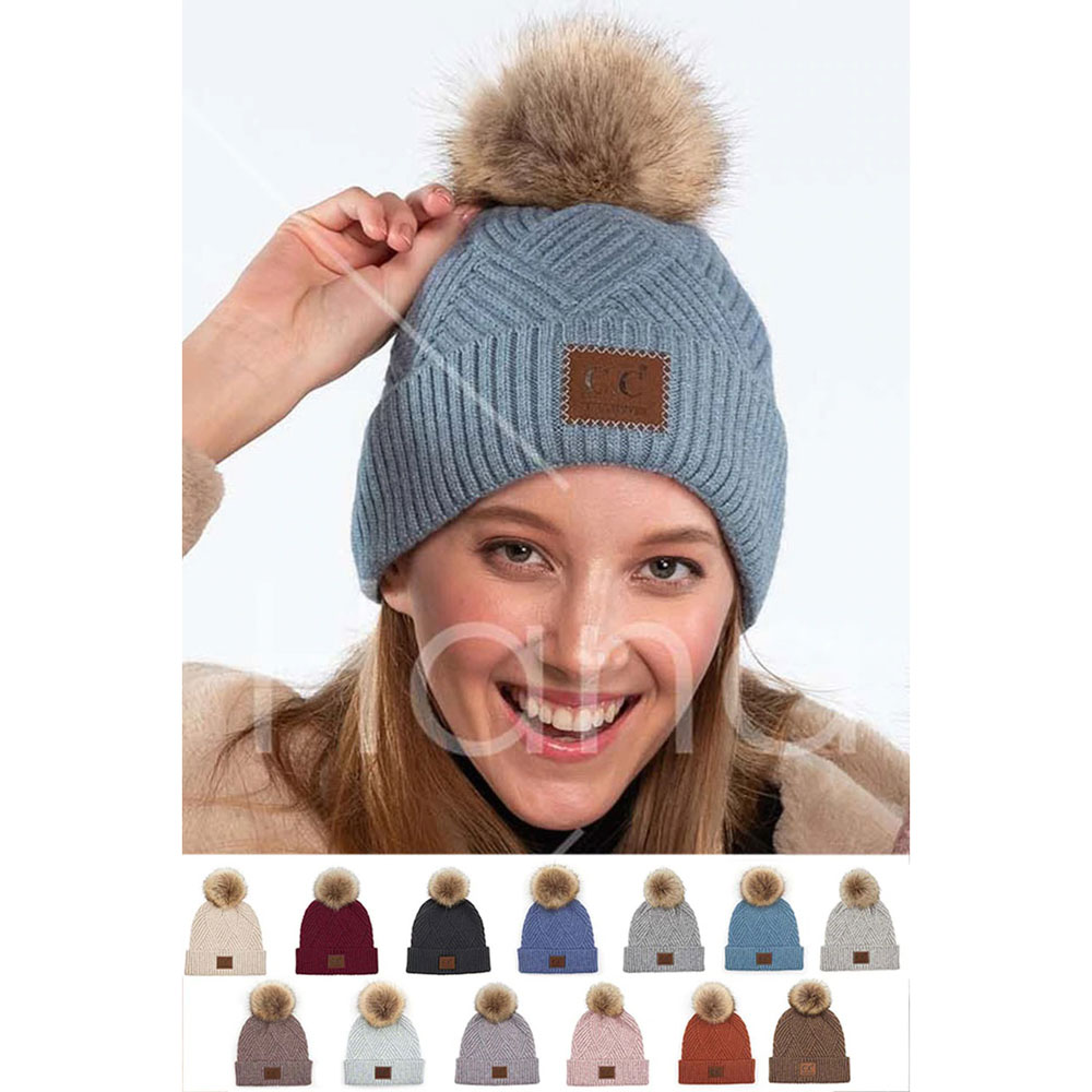 C.C Heather Beanie Pom Hat with Suede Patch in Diagonal Stripes Criss Cross Pattern - Image 2