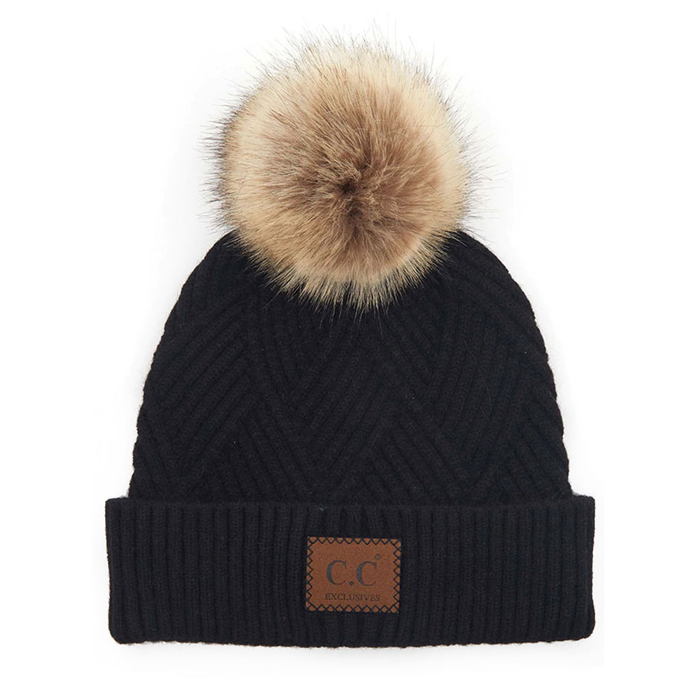C.C Heather Beanie Pom Hat with Suede Patch in Diagonal Stripes Criss Cross Pattern