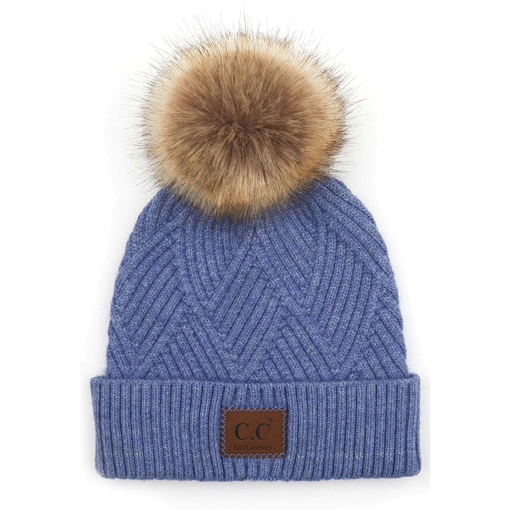 C.C Heather Beanie Pom Hat with Suede Patch in Diagonal Stripes Criss Cross Pattern