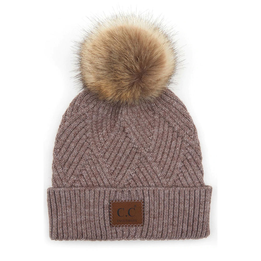 C.C Heather Beanie Pom Hat with Suede Patch in Diagonal Stripes Criss Cross Pattern