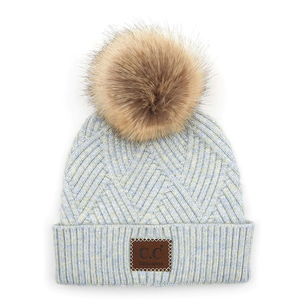 C.C Heather Beanie Pom Hat with Suede Patch in Diagonal Stripes Criss Cross Pattern
