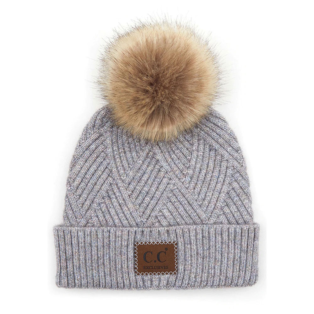 C.C Heather Beanie Pom Hat with Suede Patch in Diagonal Stripes Criss Cross Pattern