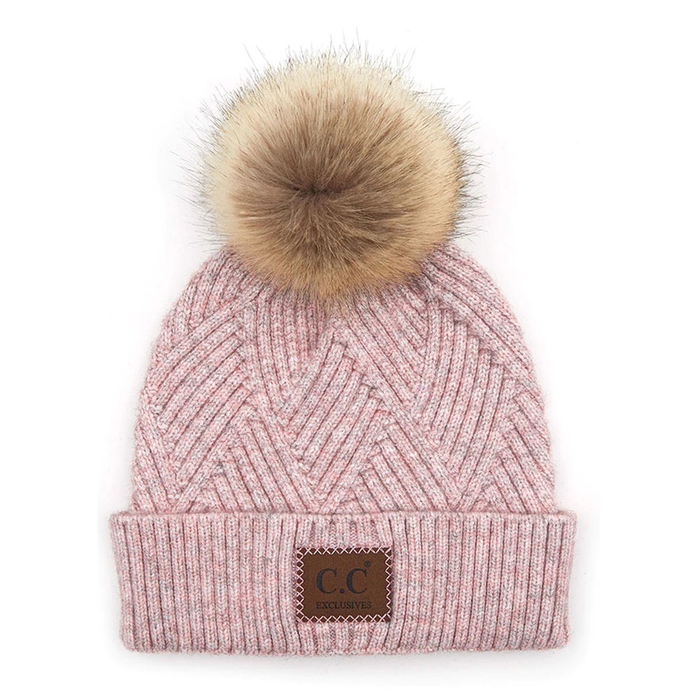 C.C Heather Beanie Pom Hat with Suede Patch in Diagonal Stripes Criss Cross Pattern