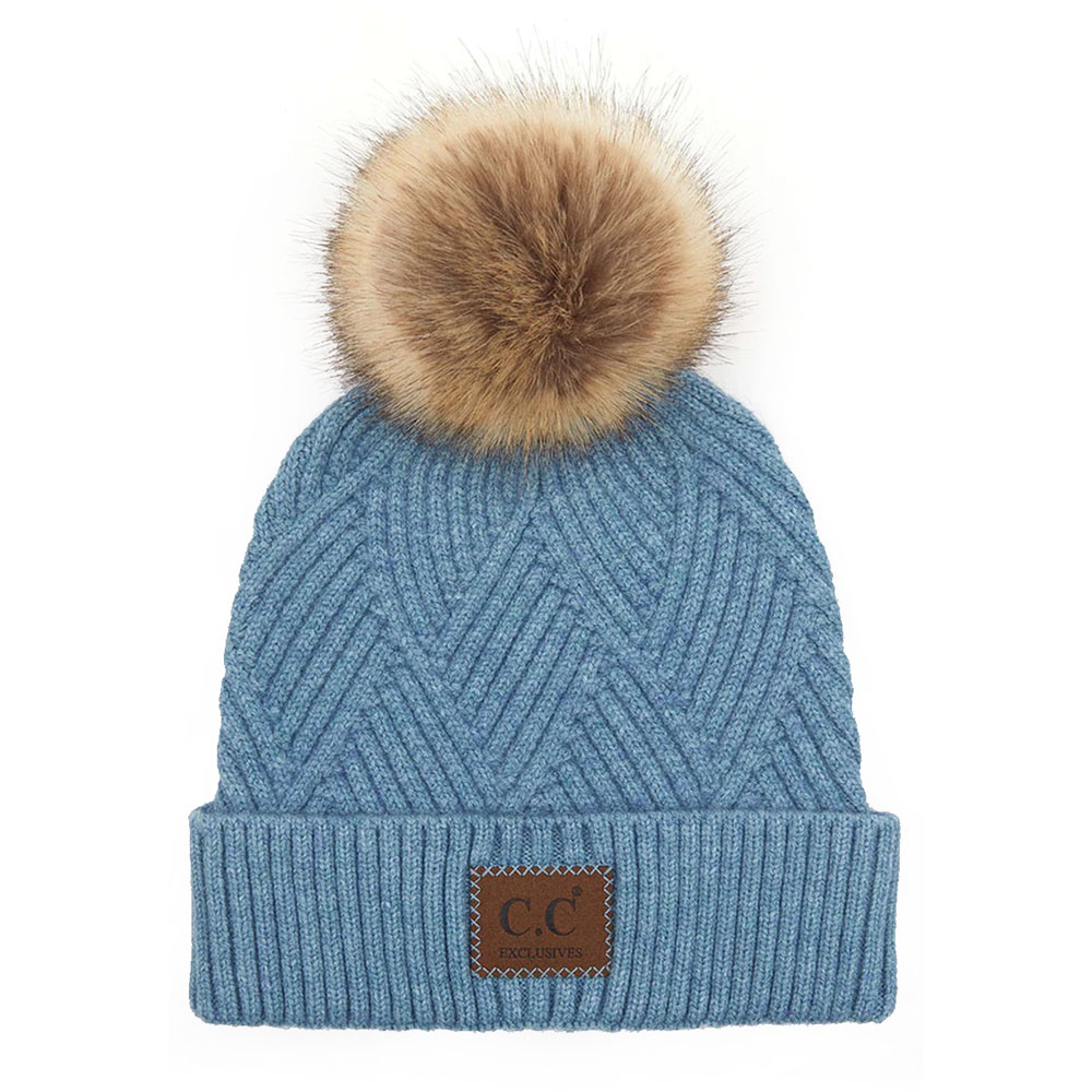C.C Heather Beanie Pom Hat with Suede Patch in Diagonal Stripes Criss Cross Pattern