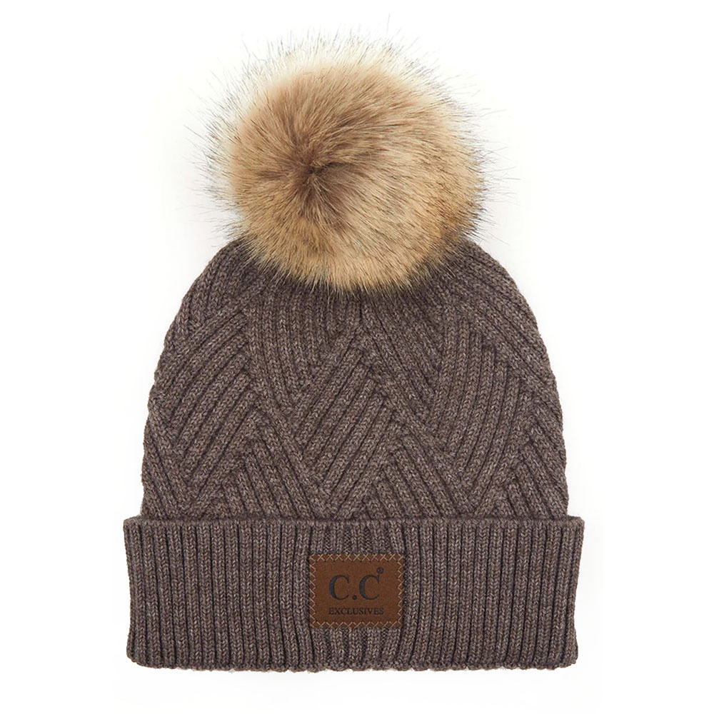 C.C Heather Beanie Pom Hat with Suede Patch in Diagonal Stripes Criss Cross Pattern