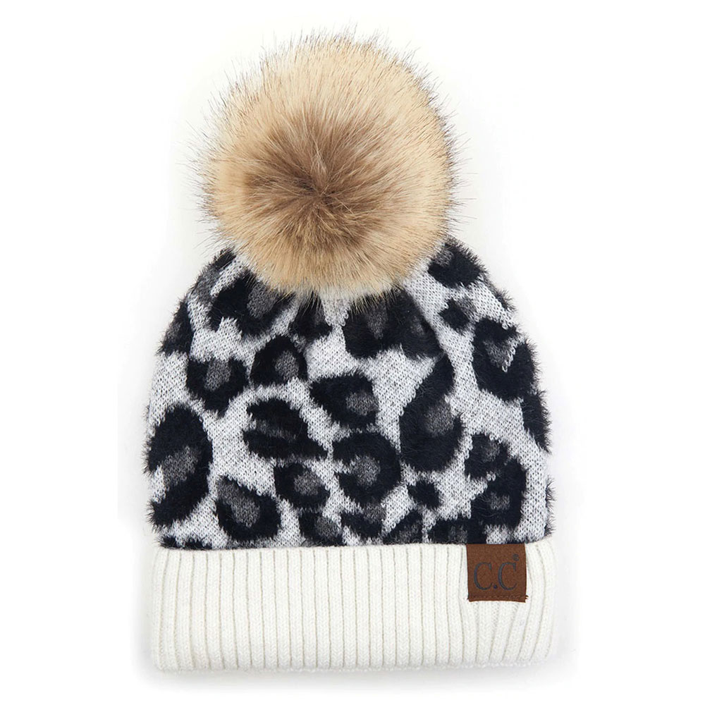 C.C Leopard Pattern Beanie Hat with Pom
