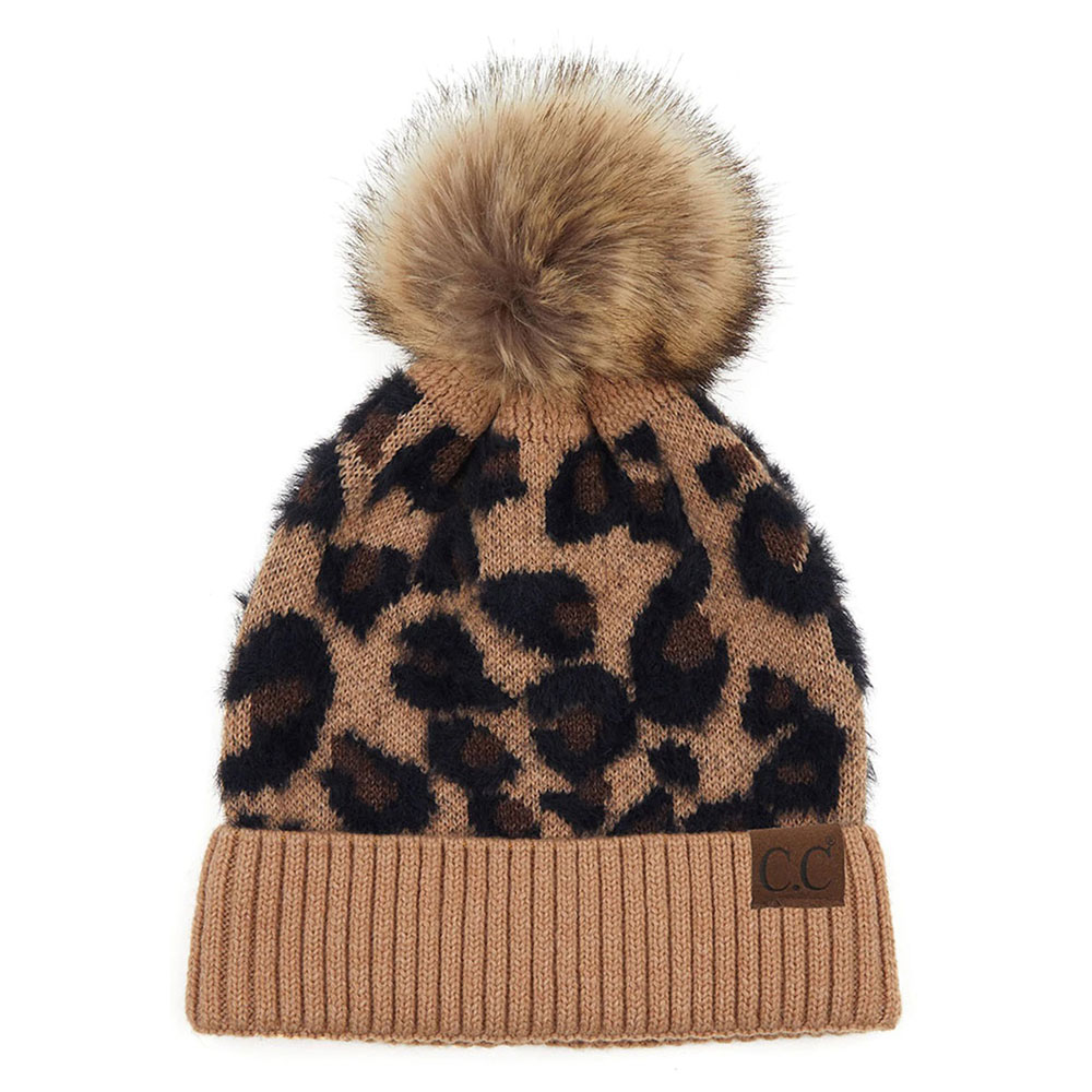 C.C Leopard Pattern Beanie Hat with Pom