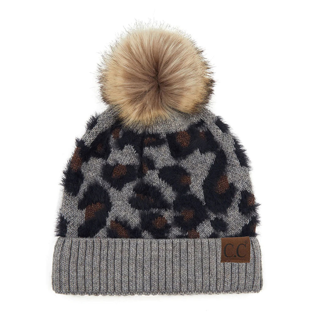 C.C Leopard Pattern Beanie Hat with Pom