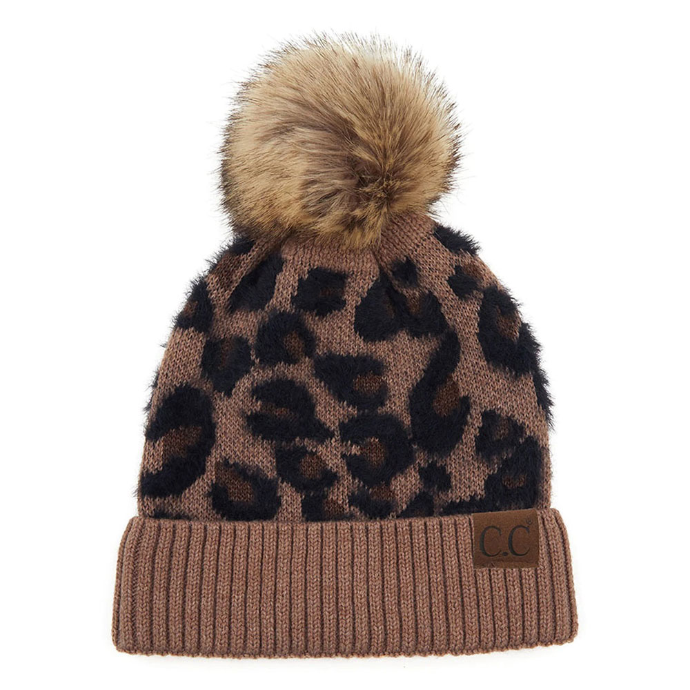 C.C Leopard Pattern Beanie Hat with Pom