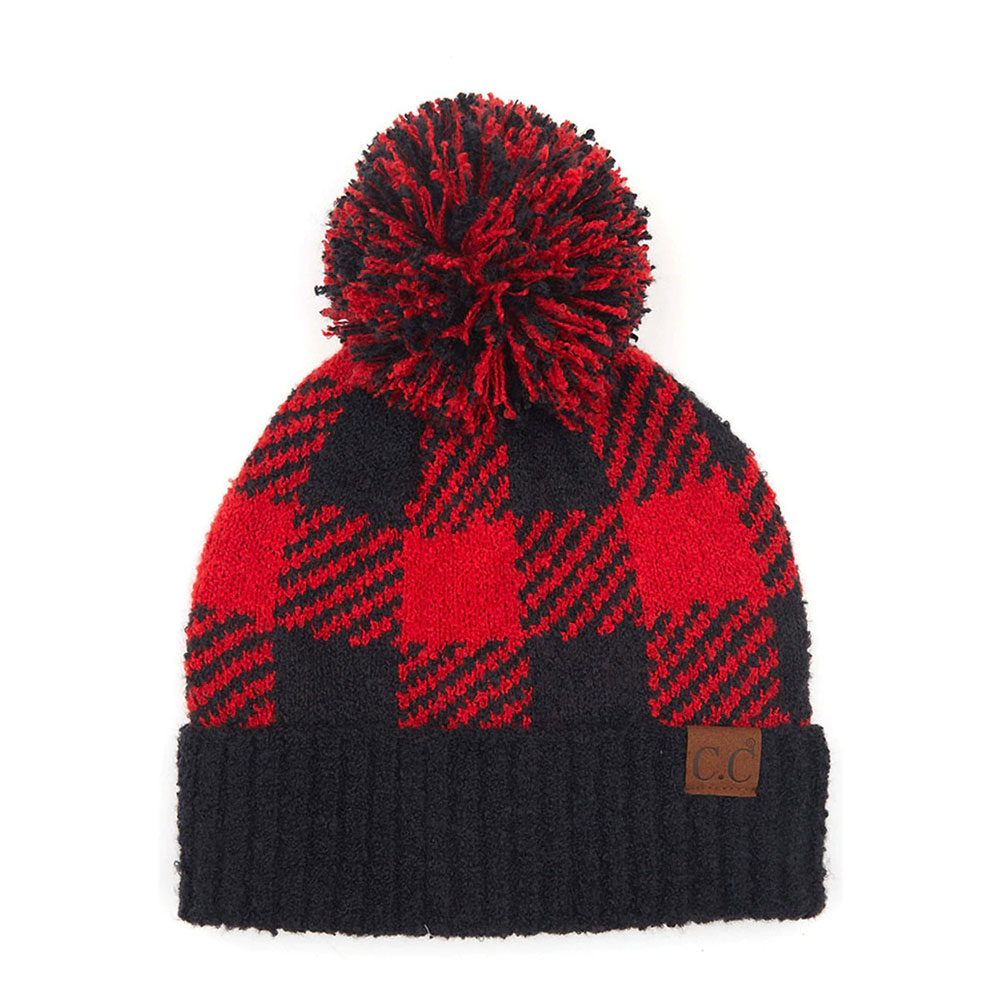 C.C Buffalo Check Jacquard Knit Hat with Knit Pom