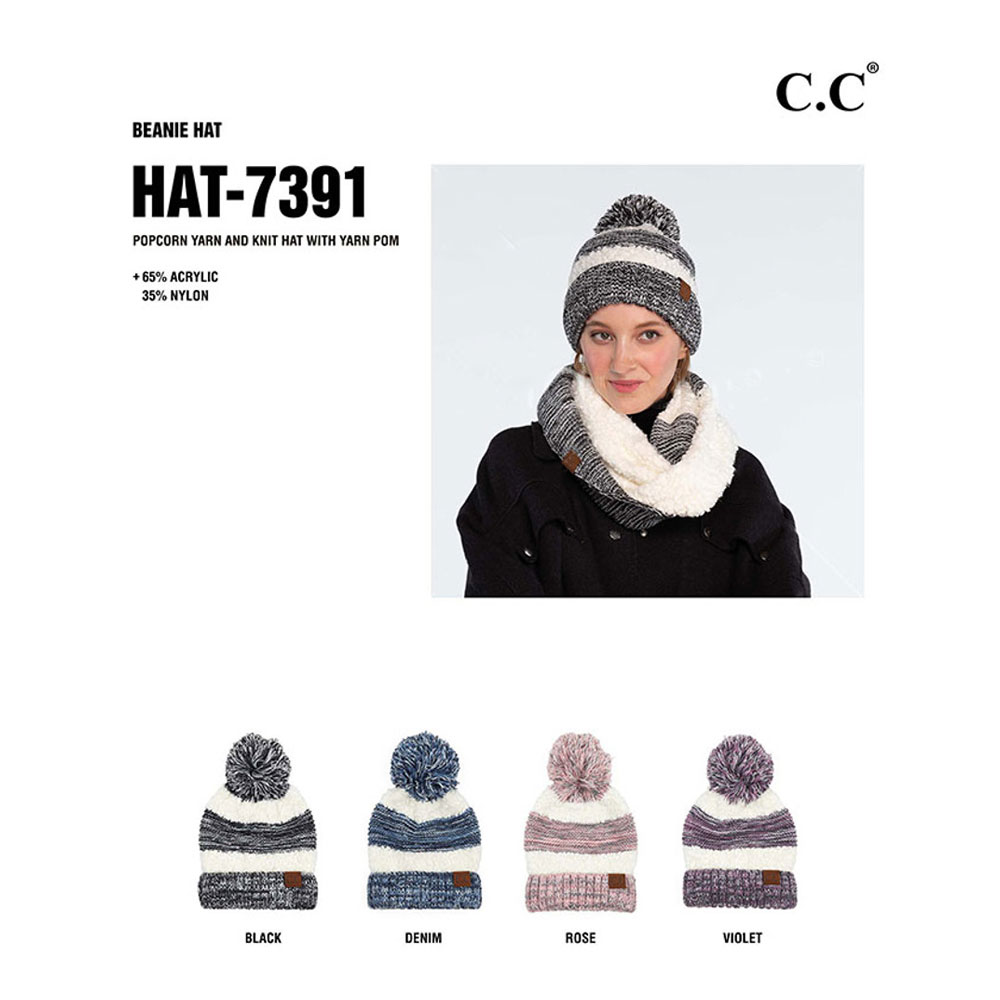 C.C Popcorn Yarn and Heather Color Yarn Hat with Yarn Pom - Image 3