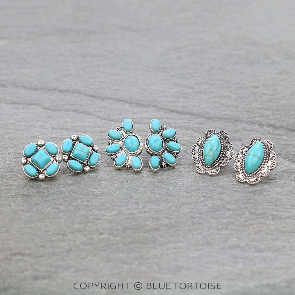 3 Pair Western Semi Stone Earring Set