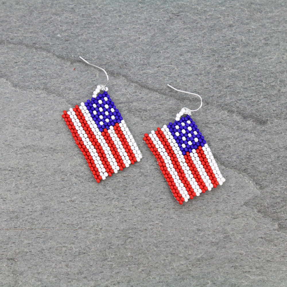 Patriotic U.S. Flag Seed Bead Dangle Earrings