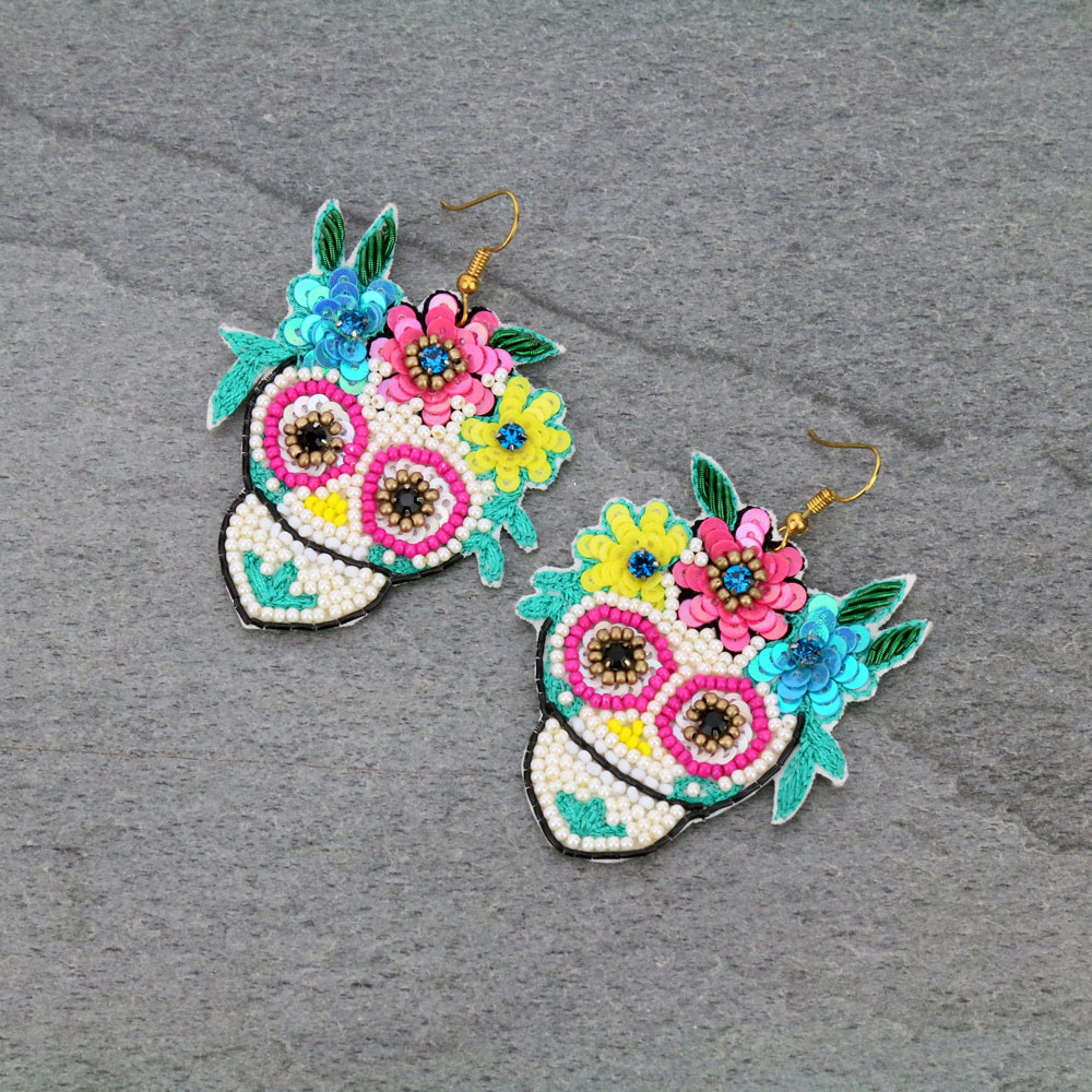 Handmade Sugar Skull Beaded Dangle Earrings