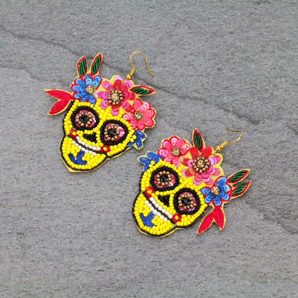 Handmade Sugar Skull Beaded Dangle Earrings