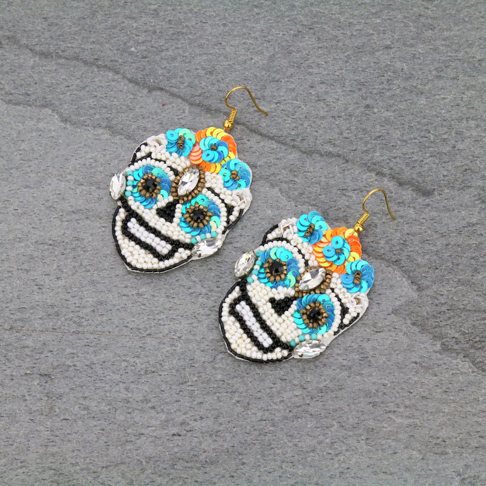 Handmade Sugar Skull Beaded Dangle Earrings
