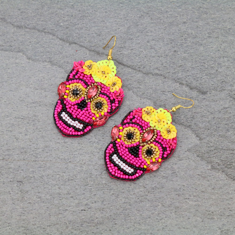 Handmade Sugar Skull Beaded Dangle Earrings