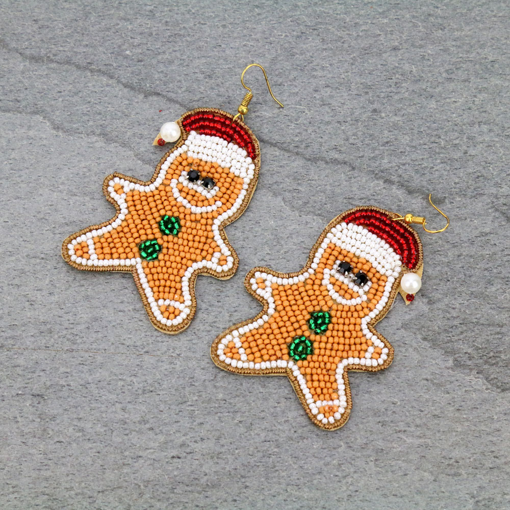 Handmade Christmas Ginger Bread Beaded Dangle Earrings