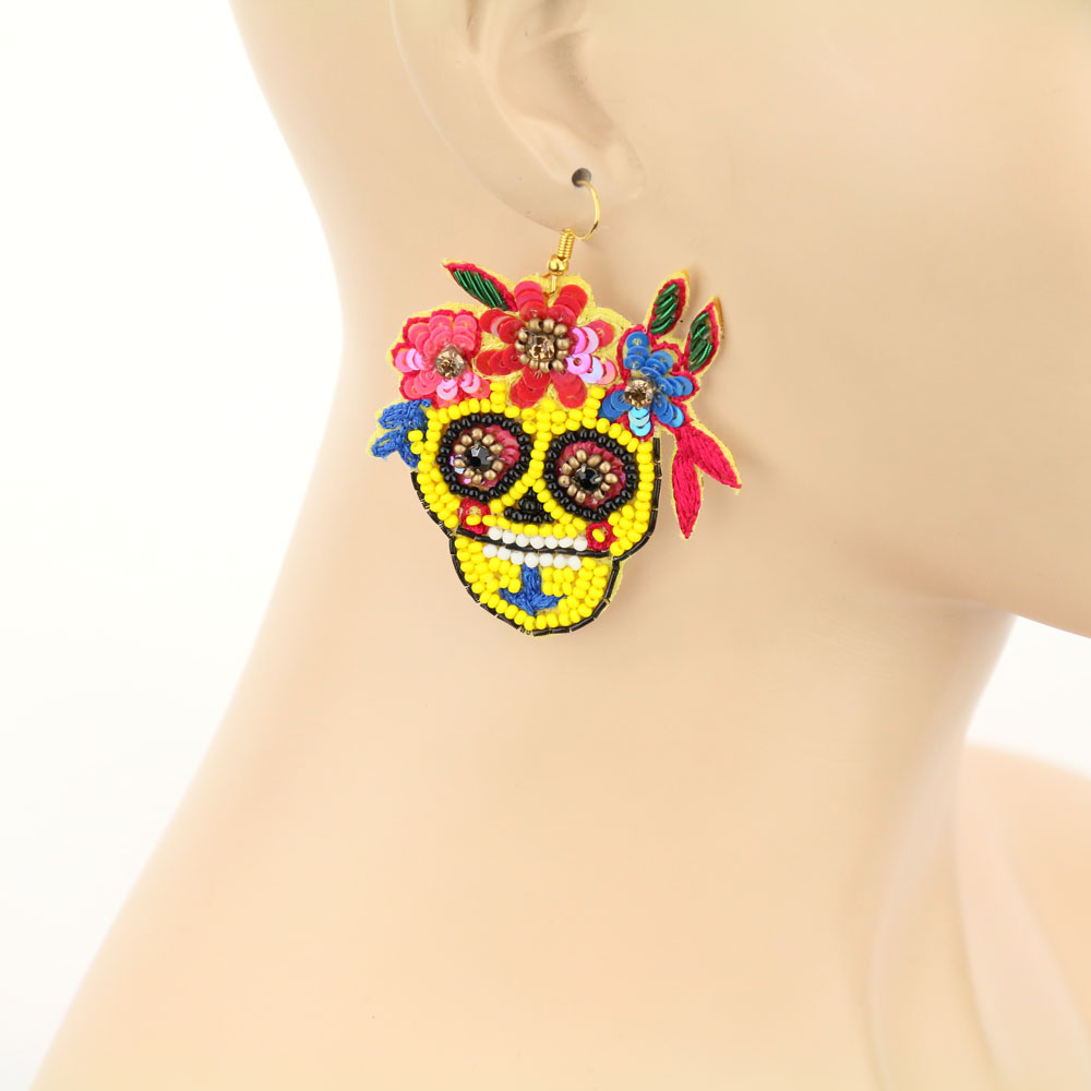Handmade Sugar Skull Beaded Dangle Earrings - Image 2