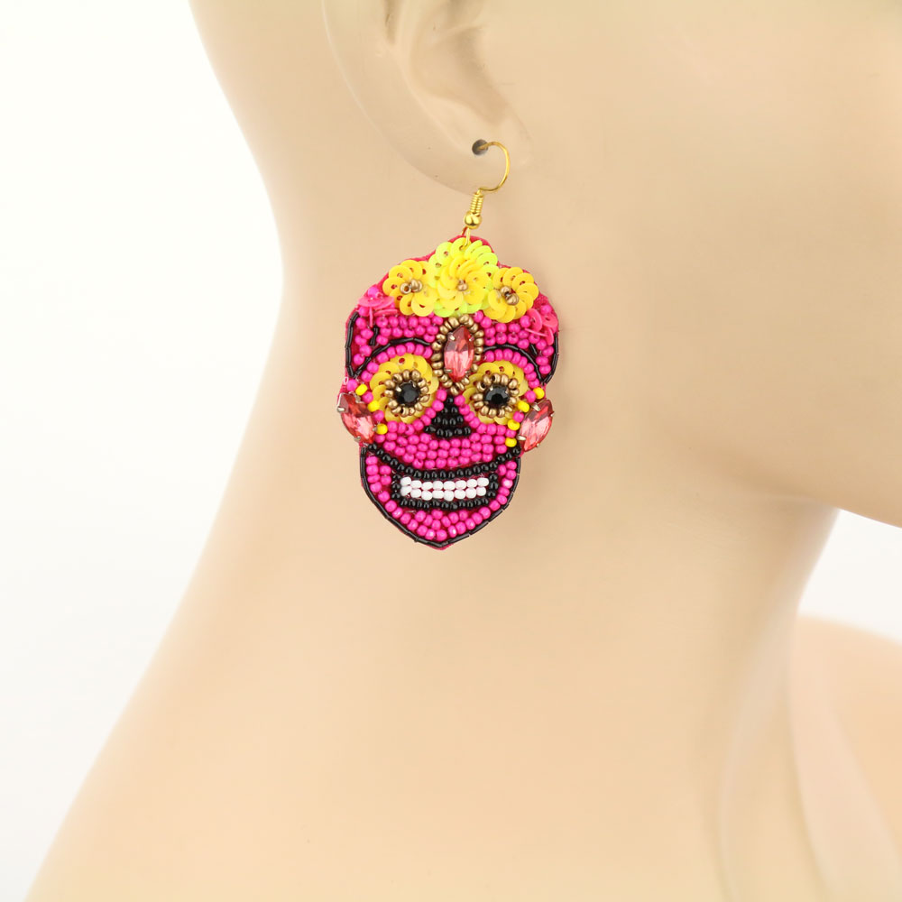 Handmade Sugar Skull Beaded Dangle Earrings - Image 2