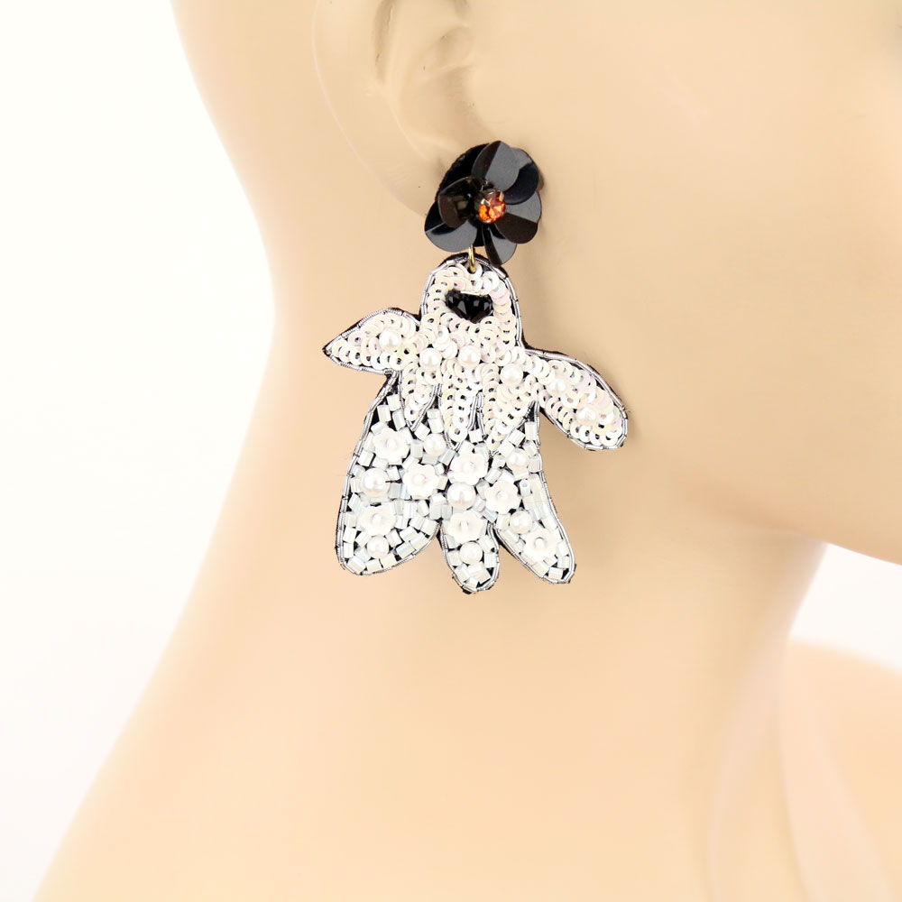 Handmade Halloween Ghost Beaded Stud Earrings - Image 2