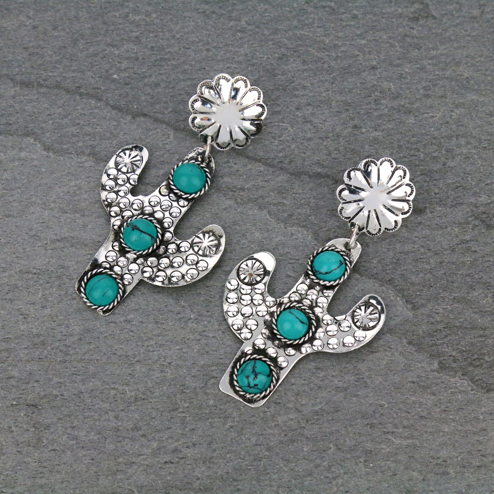 Handmade Western Cactus Turquoise Stone Stud Earrings