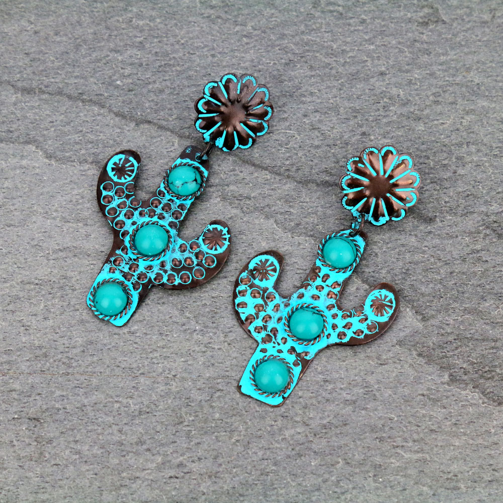 Handmade Western Cactus Turquoise Stone Stud Earrings