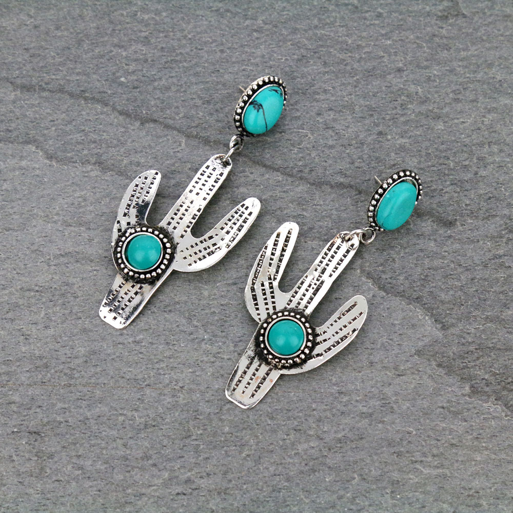 Handmade Western Cactus Turquoise Stone Stud Earrings