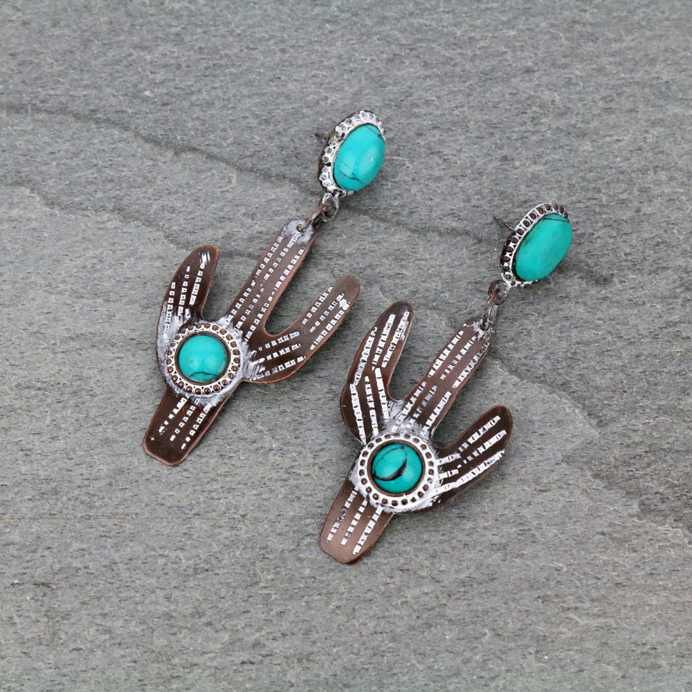 Handmade Western Cactus Turquoise Stone Stud Earrings
