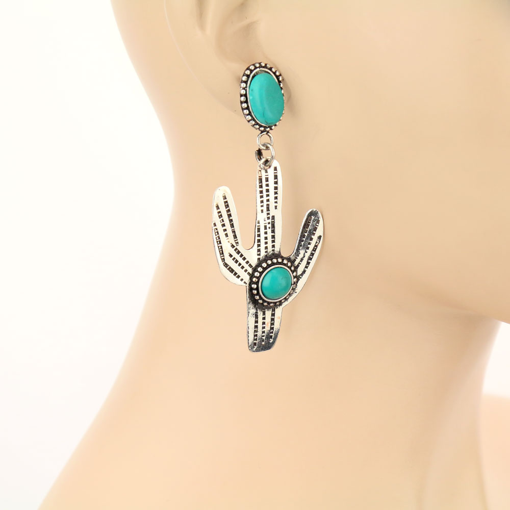 Handmade Western Cactus Turquoise Stone Stud Earrings - Image 2