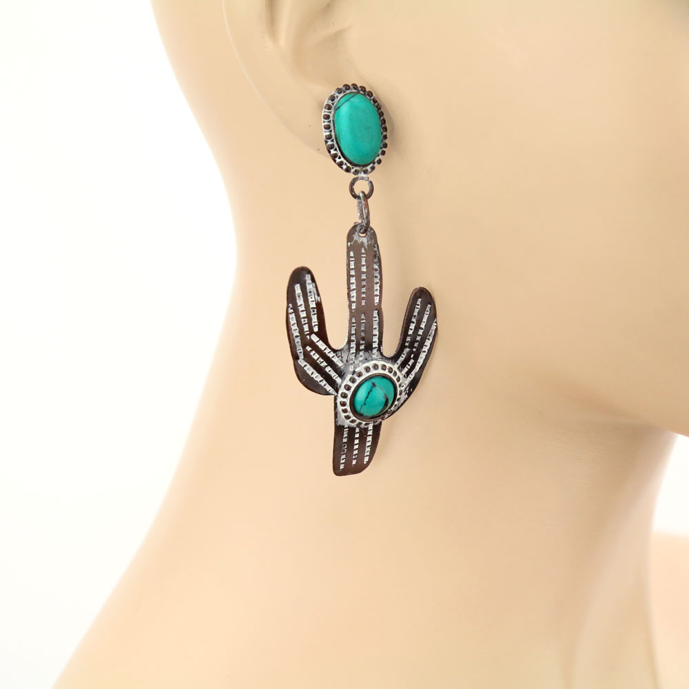 Handmade Western Cactus Turquoise Stone Stud Earrings - Image 2
