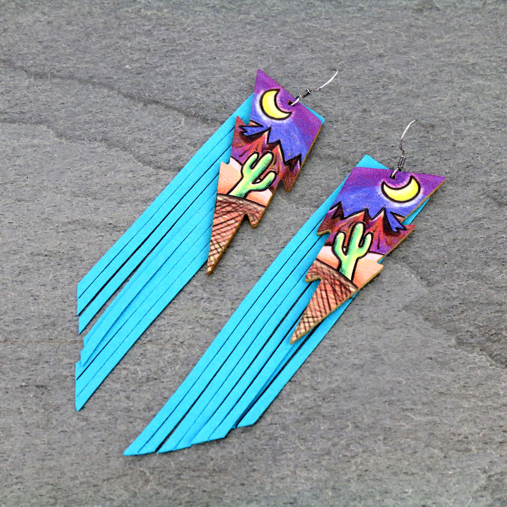 Southwest Landscape Leather with Tassel Dangle Earrings