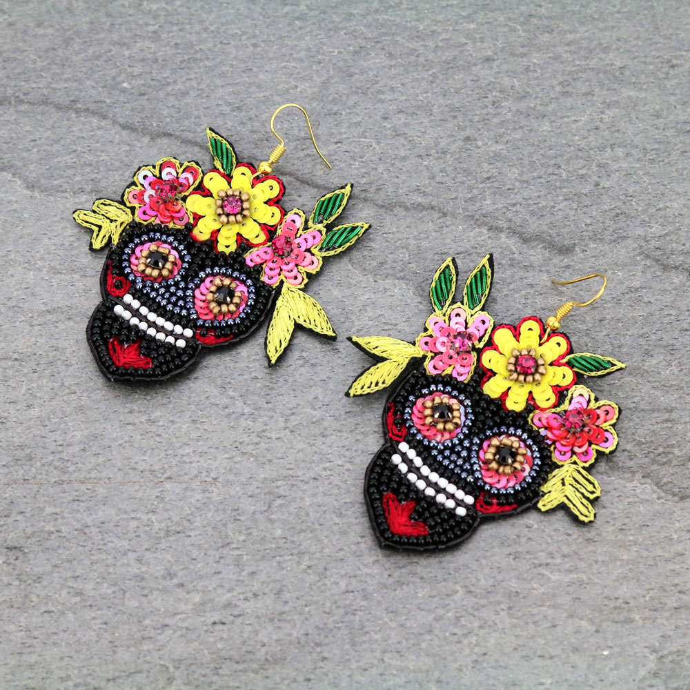 Handmade Sugar Skull Beaded Dangle Earrings