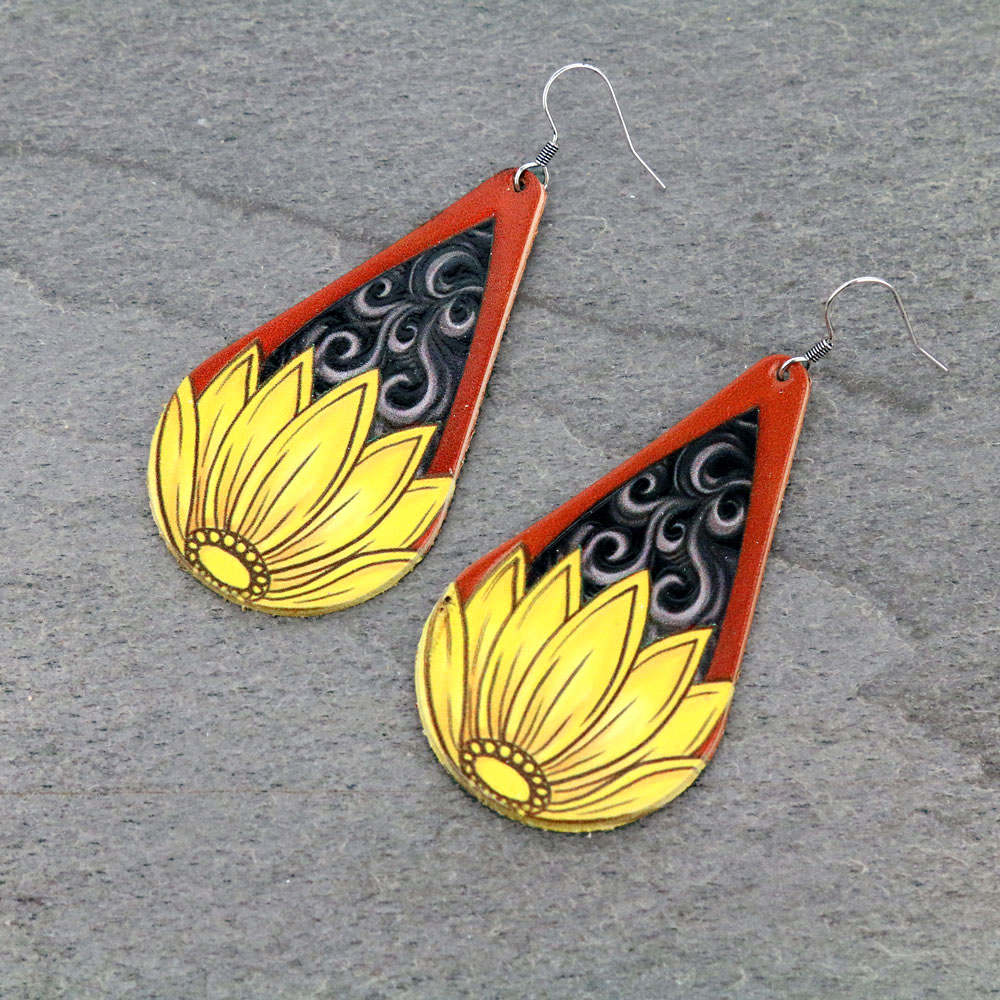 Genuine Leather Sunflower Teardrop Earrings