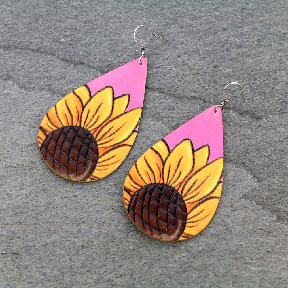 Sunflower Leather Teardrop Earrings