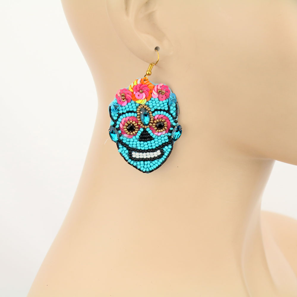 Handmade Sugar Skull Beaded Dangle Earrings - Image 2