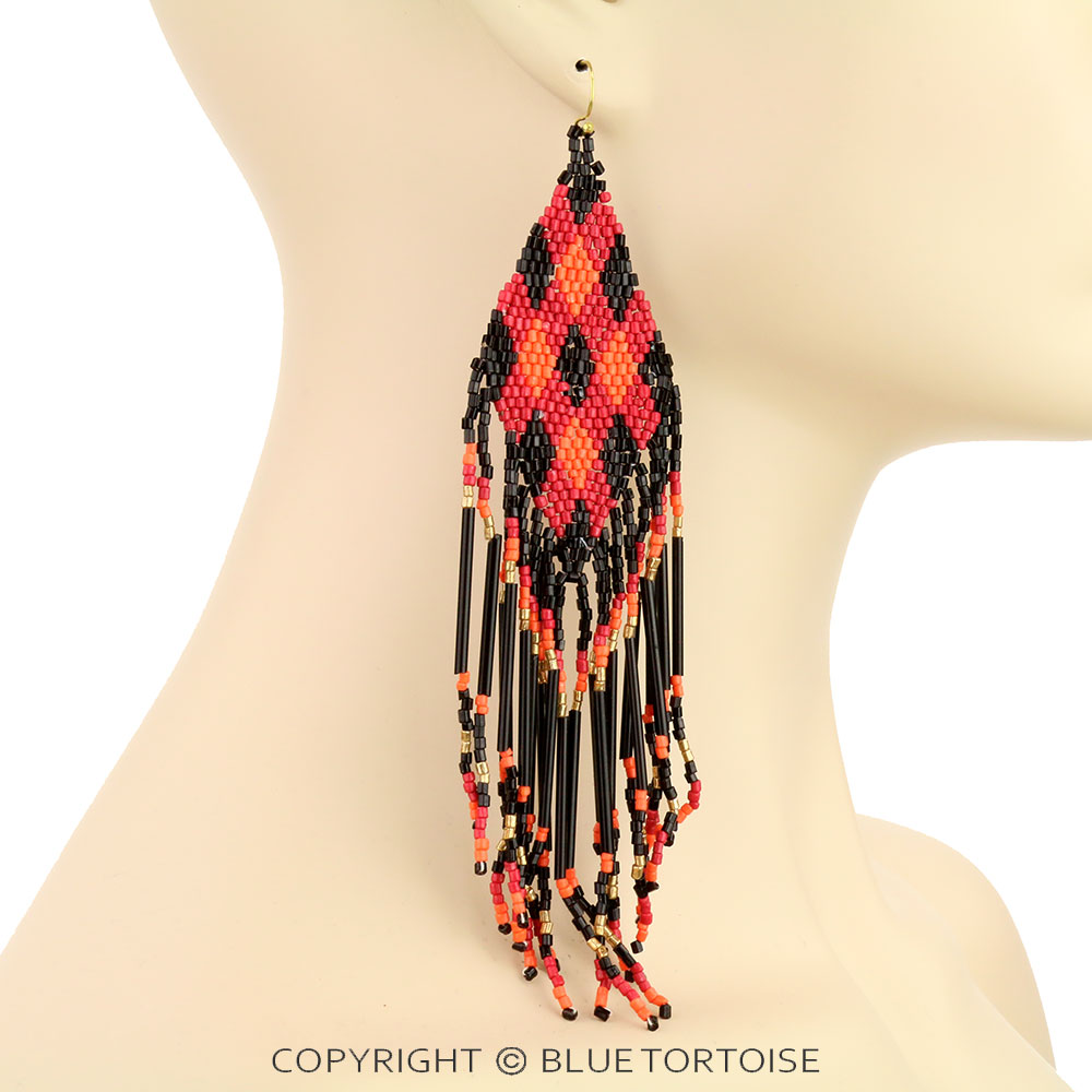 5.5" Plaid Seed Bead Fringe Dangle Earrings - Image 2